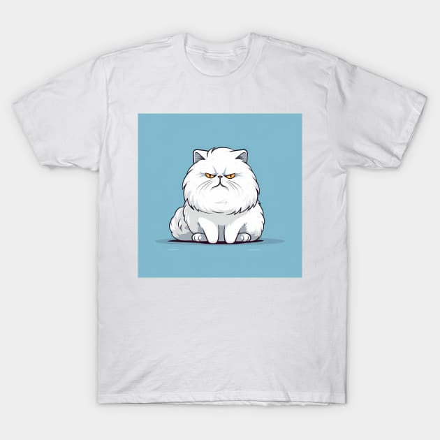 Cute Cartoon Grumpy White Cat on a blue background T-Shirt by designs4days